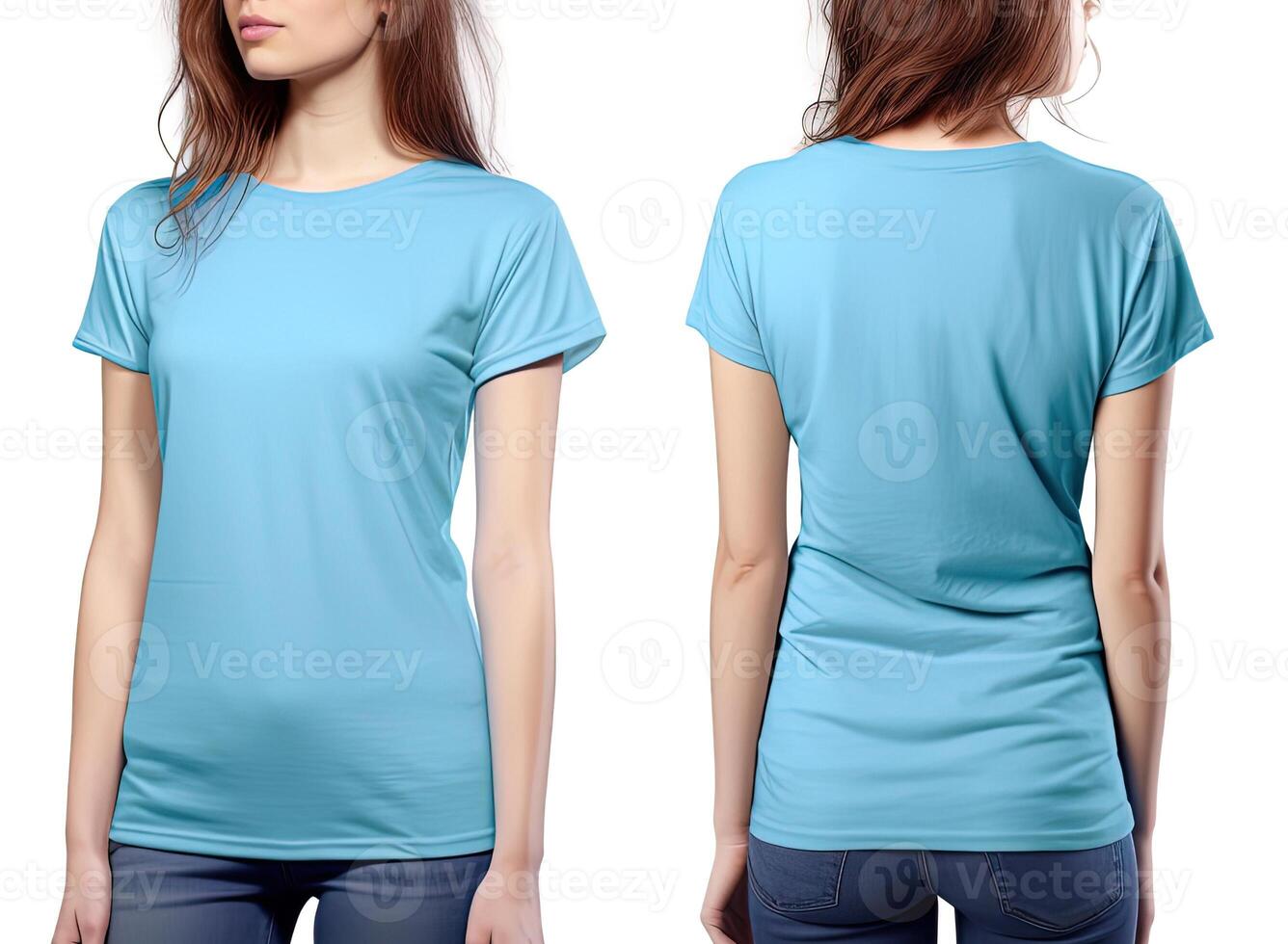 Photo realistic female blue t-shirts with copy space, front, and back view.