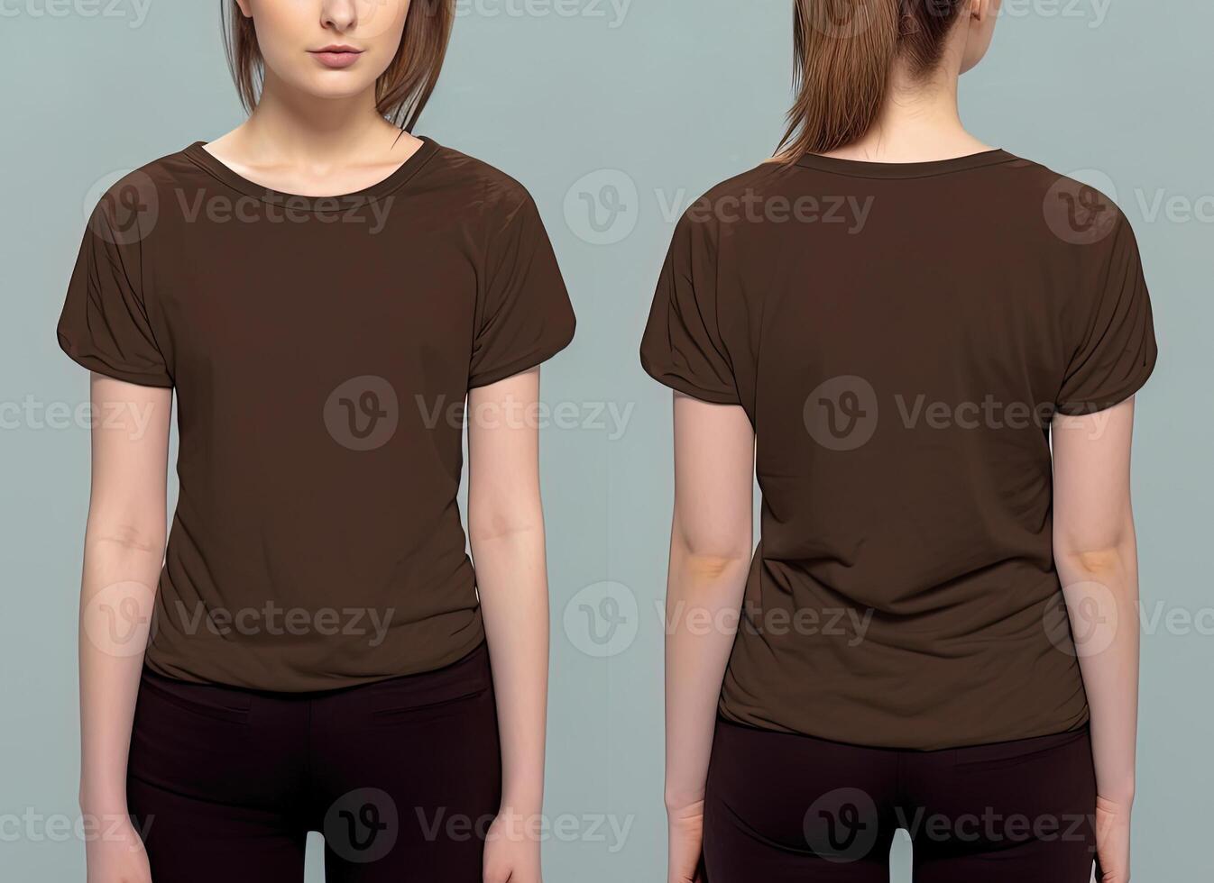 Photo realistic female brown t-shirts with copy space, front, and back view.