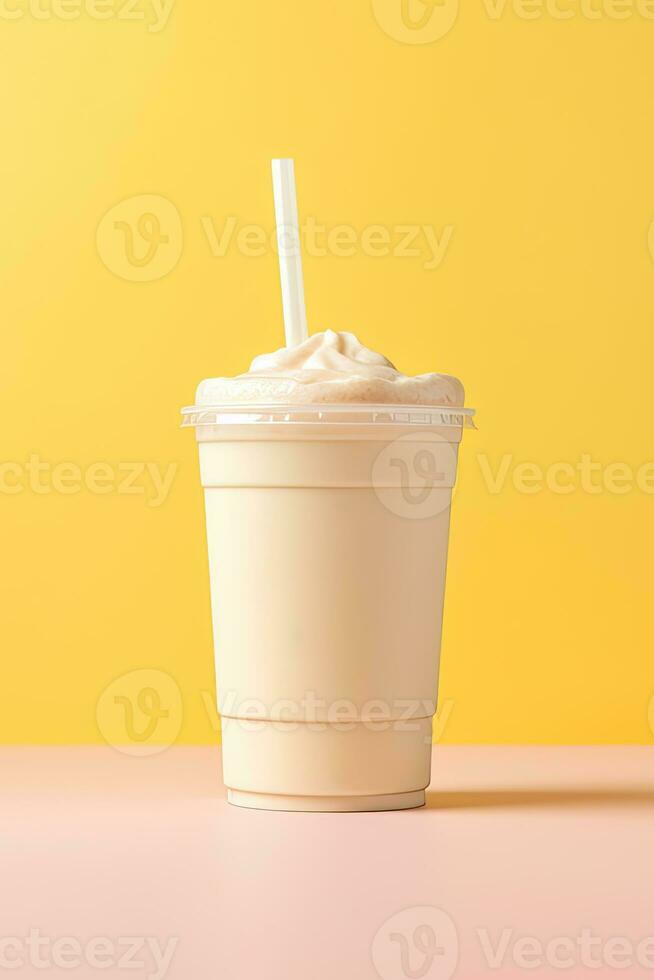 Vanilla milkshake in plastic takeaway cup isolated on pastel background. ai generated photo