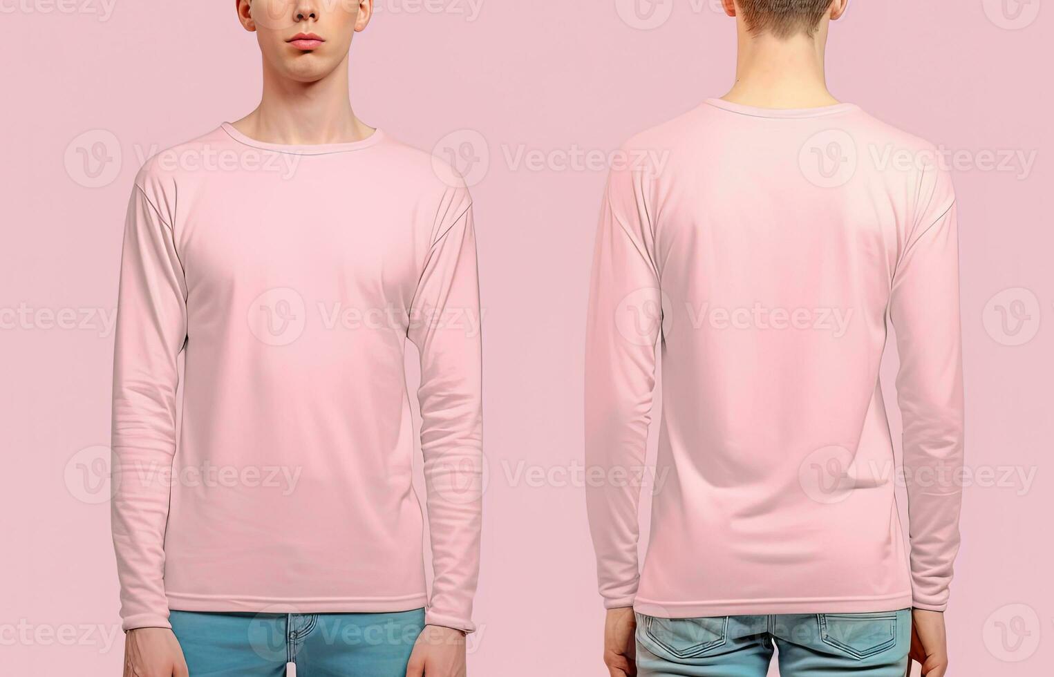 Man wearing a pink T-shirt with long sleeves. Front and back view. ai generated photo