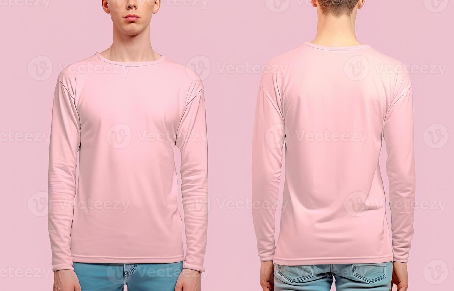 Man wearing a pink T-shirt with long sleeves. Front and back view. photo