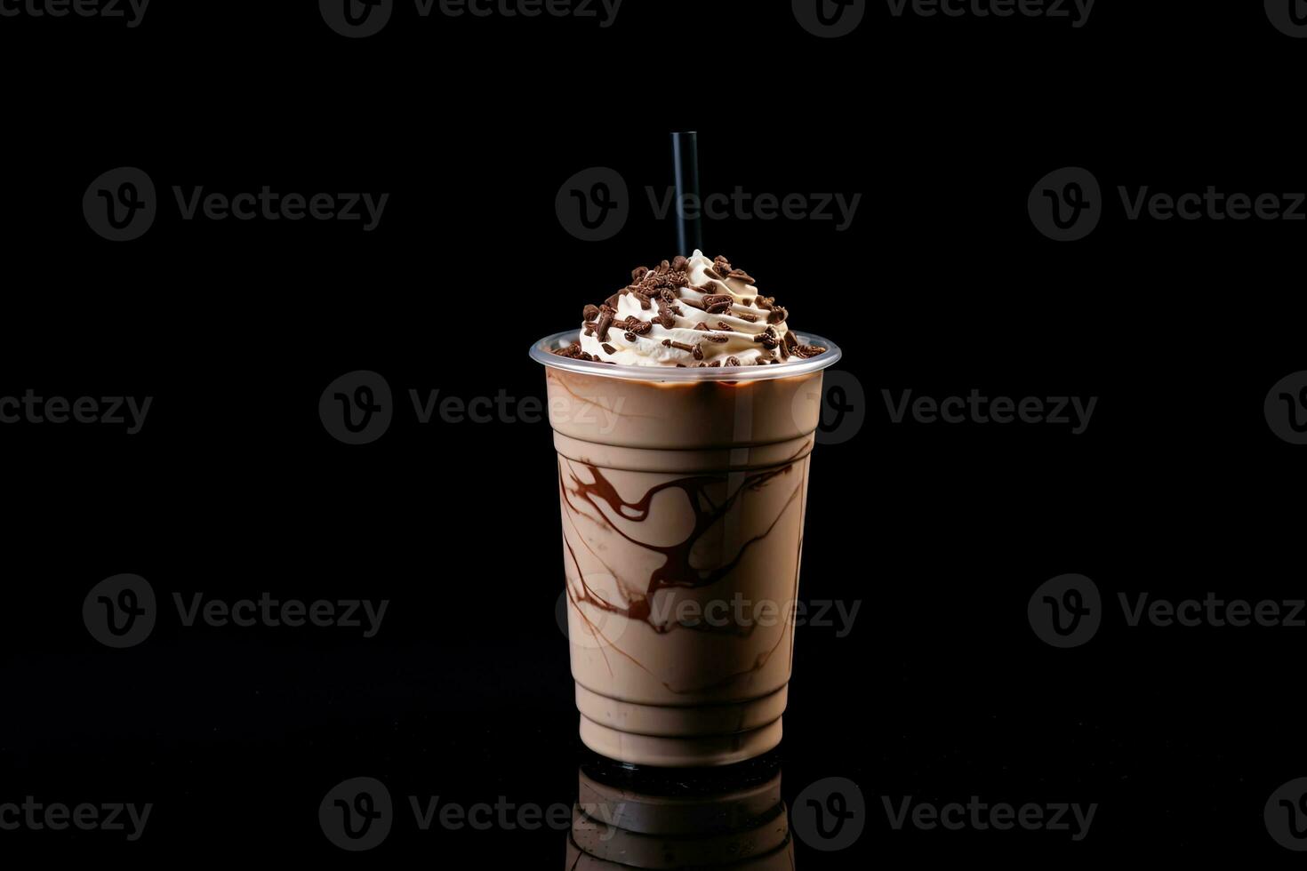 Chocolate milkshake in plastic takeaway cup isolated on black background. ai generated photo