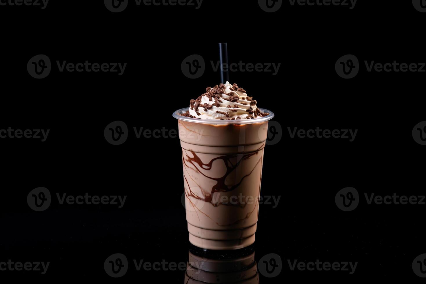 Chocolate milkshake in plastic takeaway cup isolated on black background. photo