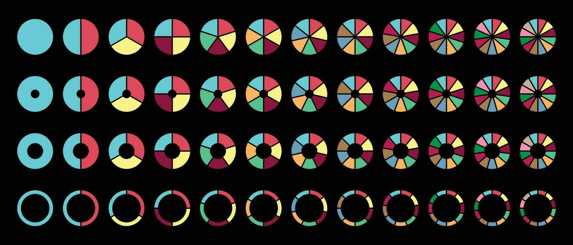 Circle pie charts round diagram sections or steps on black background vector