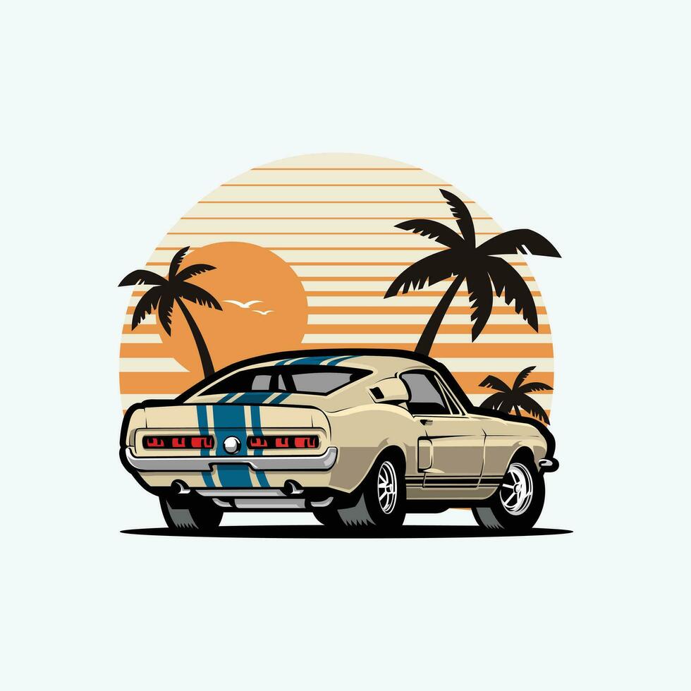 americano músculo coche en playa vector ilustración. coche aislado en blanco antecedentes. mejor para camiseta diseño modelo