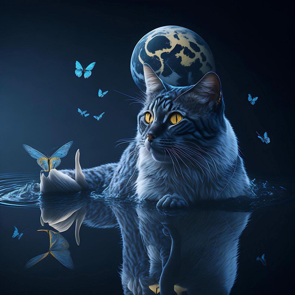 the cat trying to catch a butterfly with moon, photo