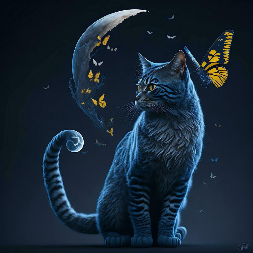 the cat trying to catch a butterfly with moon, Generative AI photo