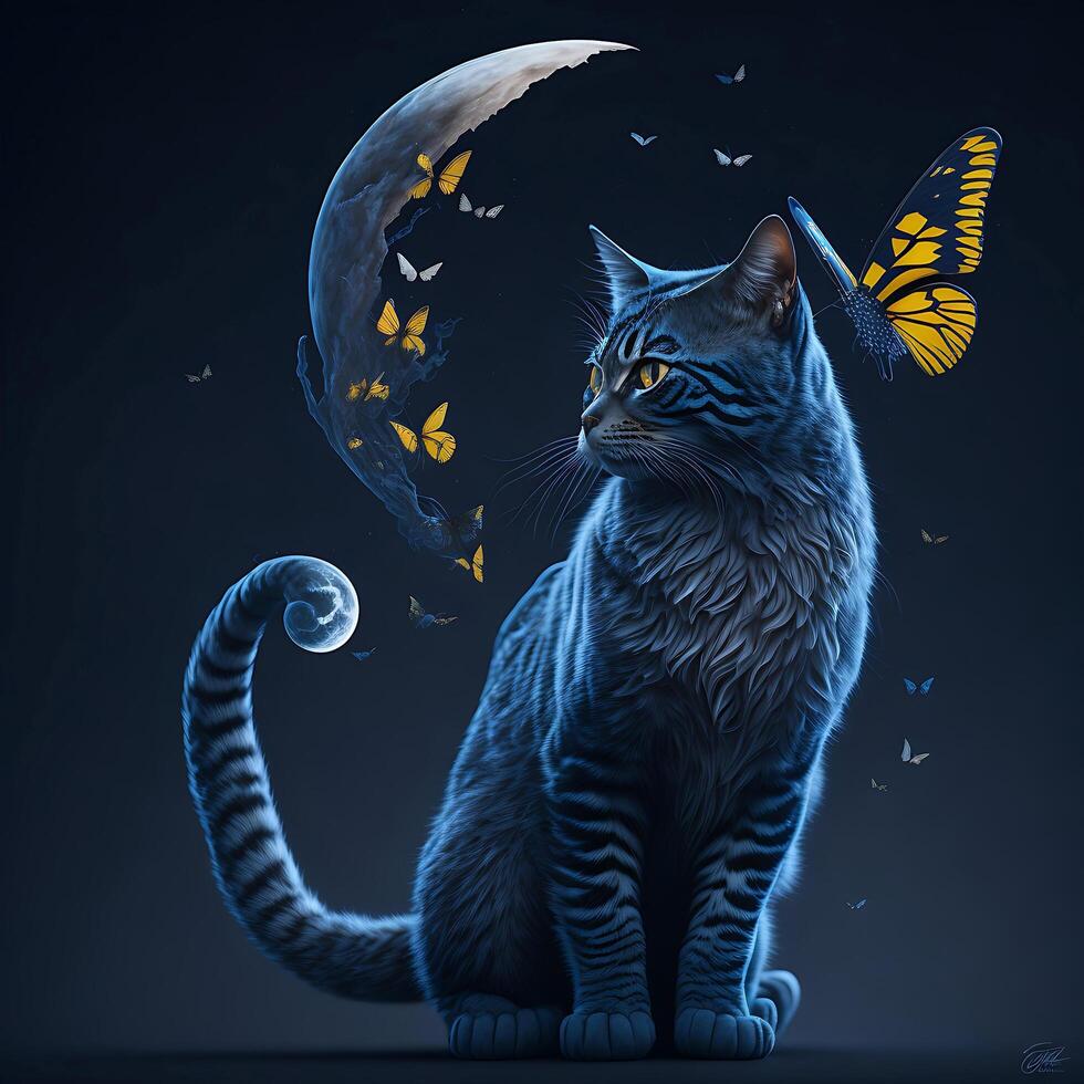 the cat trying to catch a butterfly with moon, photo