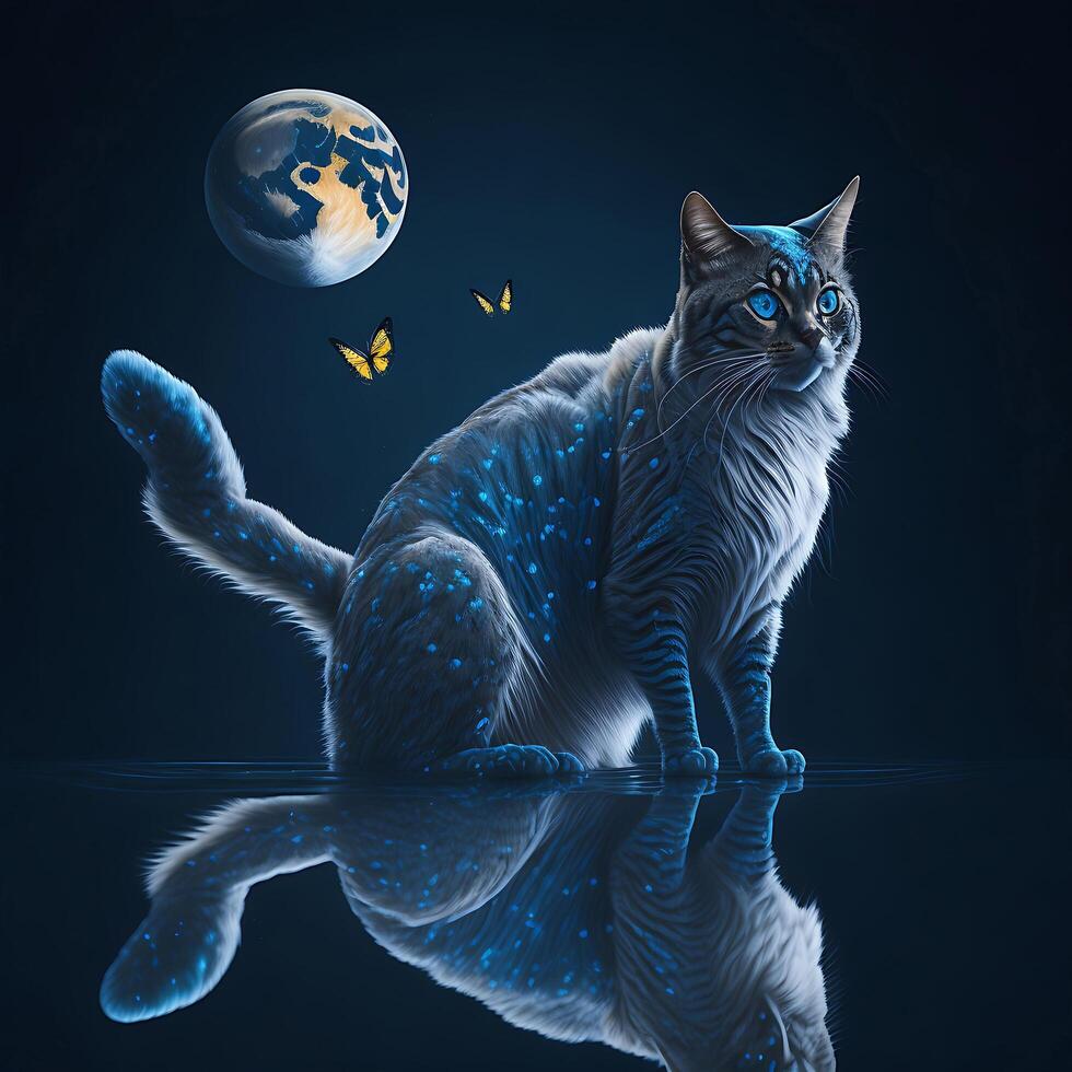 the cat trying to catch a butterfly with moon, photo