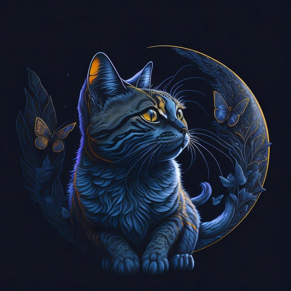 the cat trying to catch a butterfly with moon, photo