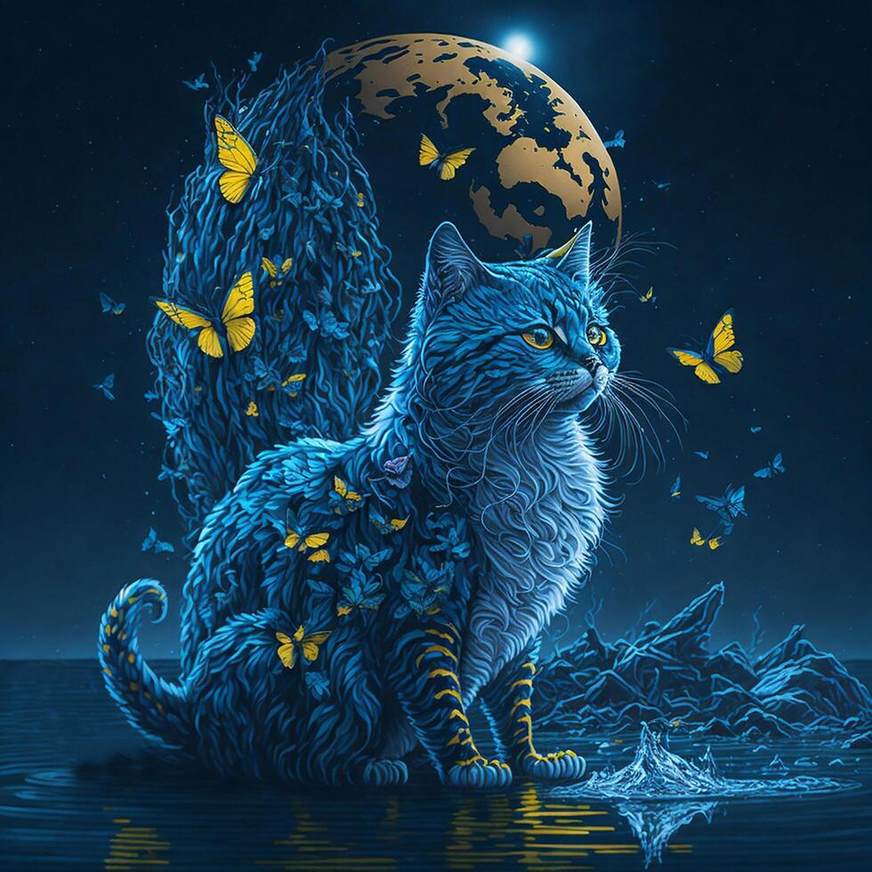 the cat trying to catch a butterfly with moon, photo