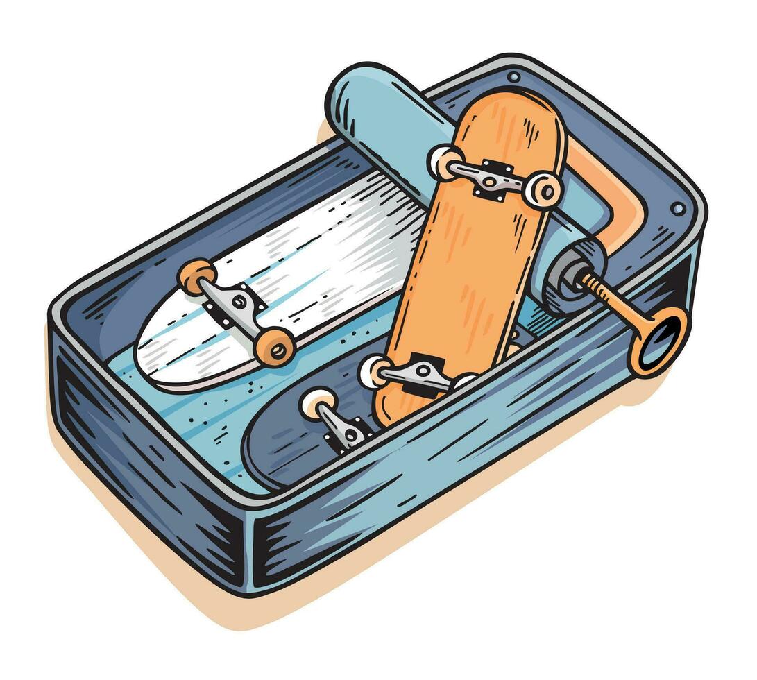 Vector illustration in stripped style of sardine tin full of skateboards. Unusual art for printing on t-shirts, posters and etc.
