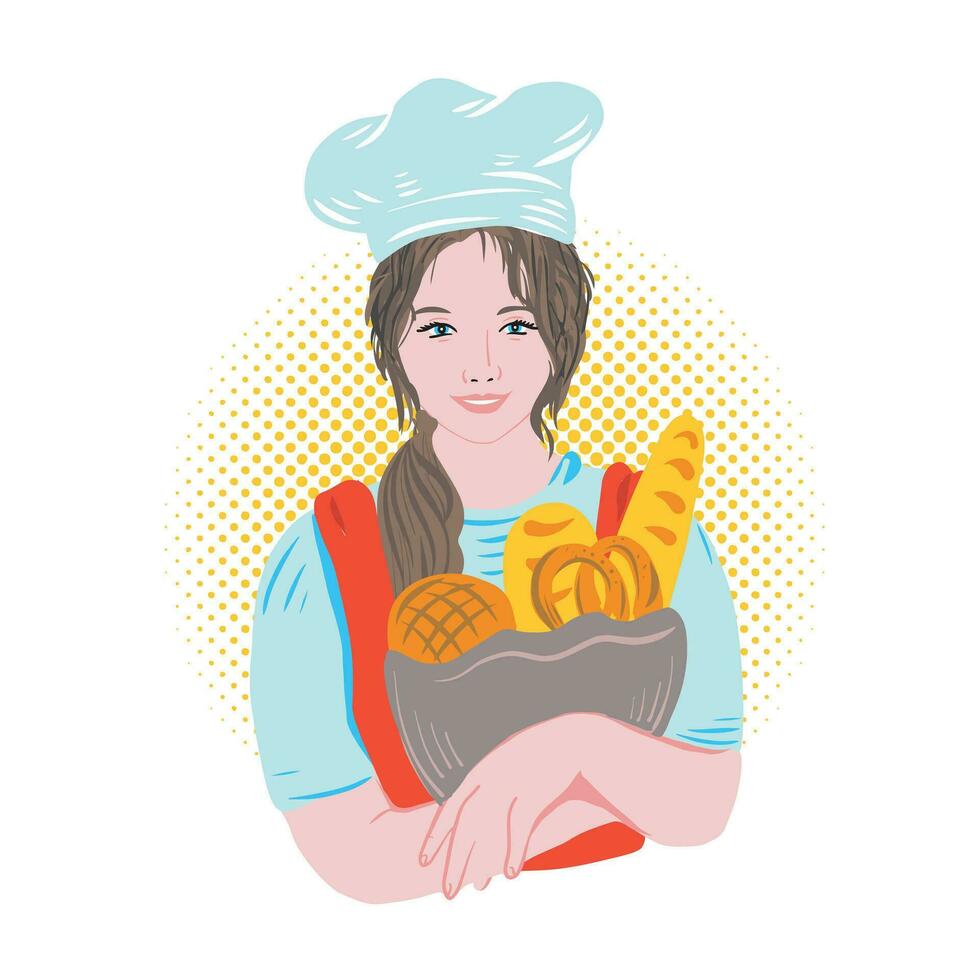 Chef baker girl holding pastries in her hands.Restaurant business concept.Logo.Vector illustration. vector