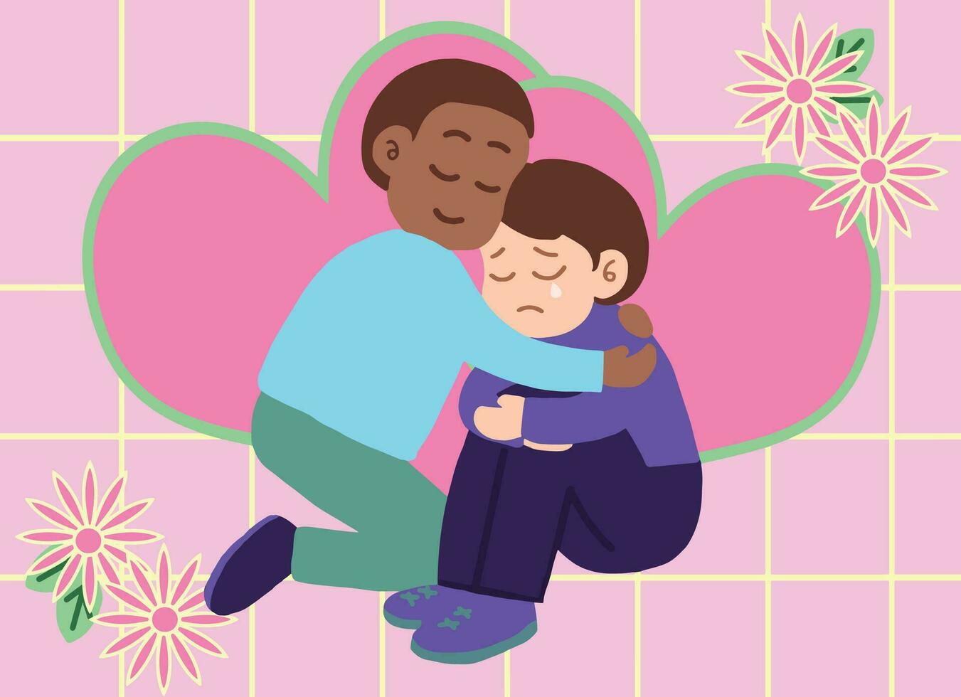 Man hug his sadness friend by love and understand. vector