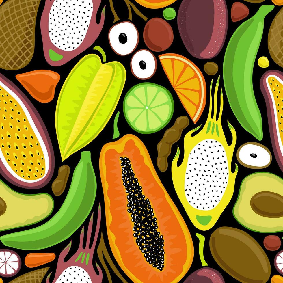 BLACK VECTOR SEAMLESS BACKGROUND WITH BRIGHT MULTICOLORED TROPICAL FRUITS IN POP ART STYLE