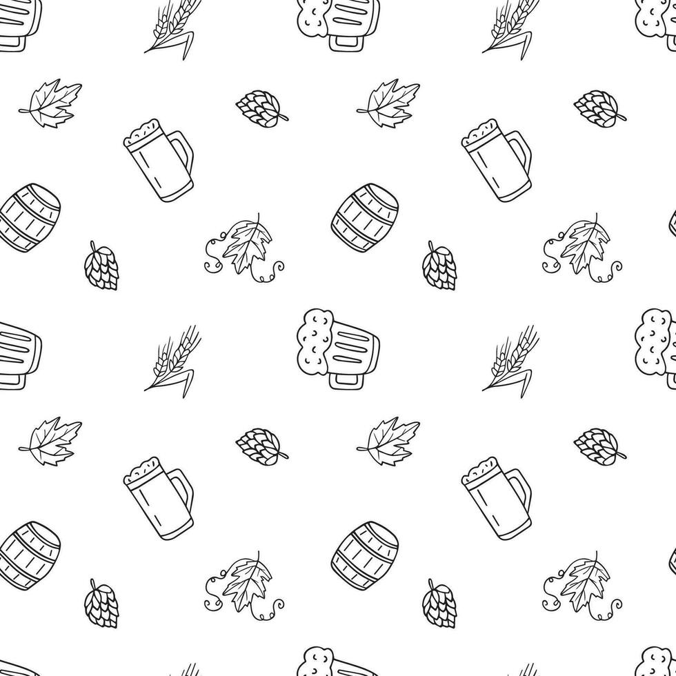 Seamless pattern vector beer. Doodle style isolated on white background.