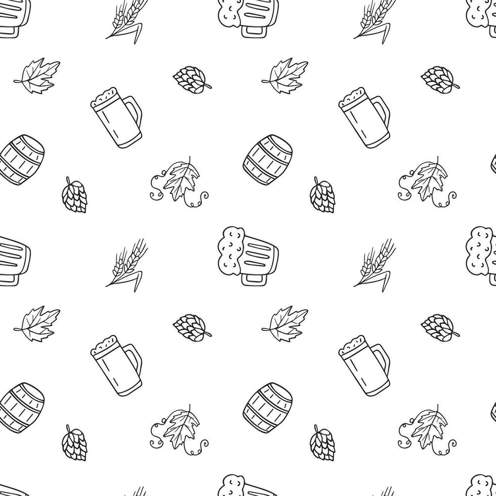 Seamless pattern vector beer. Doodle style isolated on white background.