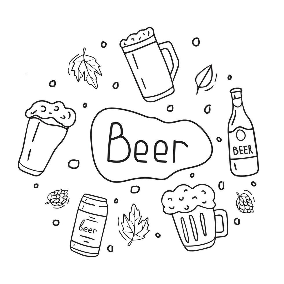 Hand drawn beer illustration set. Doodle style isolated on white background. vector