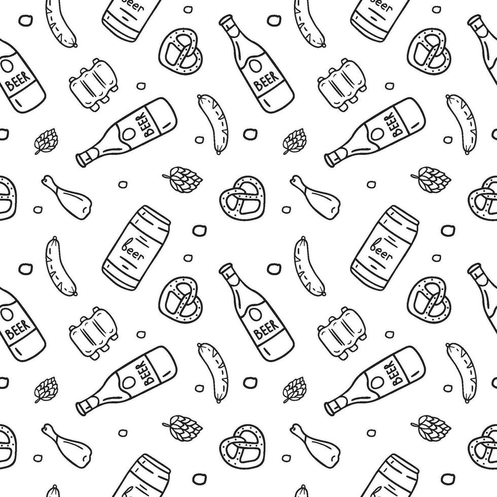 Seamless pattern vector beer. Doodle style isolated on white background.