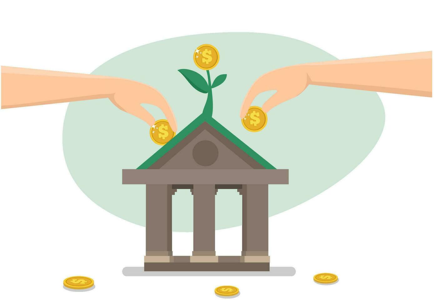 Mutual funds investment, pension or savings growth, increase wealth, dividends or capital gain profit, banking or interest rate return concept, businessman hand put coin into bank growing money plant. vector