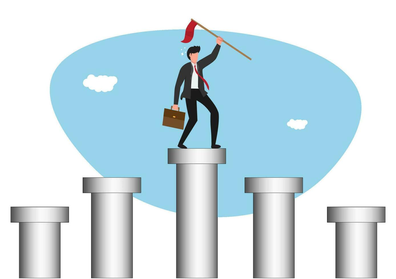 Pillars of success, foundation or support to achieve business target, challenge to be winner or rules of success, stable and strong leadership concept, businessman holding winning flag on pillars. vector