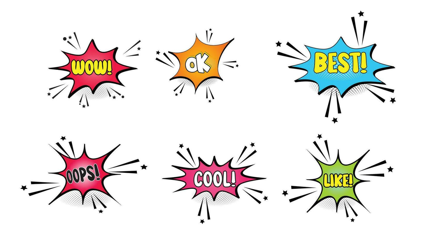 Set of speech bubbles. Set comics book balloon. Bubble speech phrase. Halftone shadows. Cartoon exclusive font label tag expression. Comic text sound effects. Cartoon balloon word design. vector