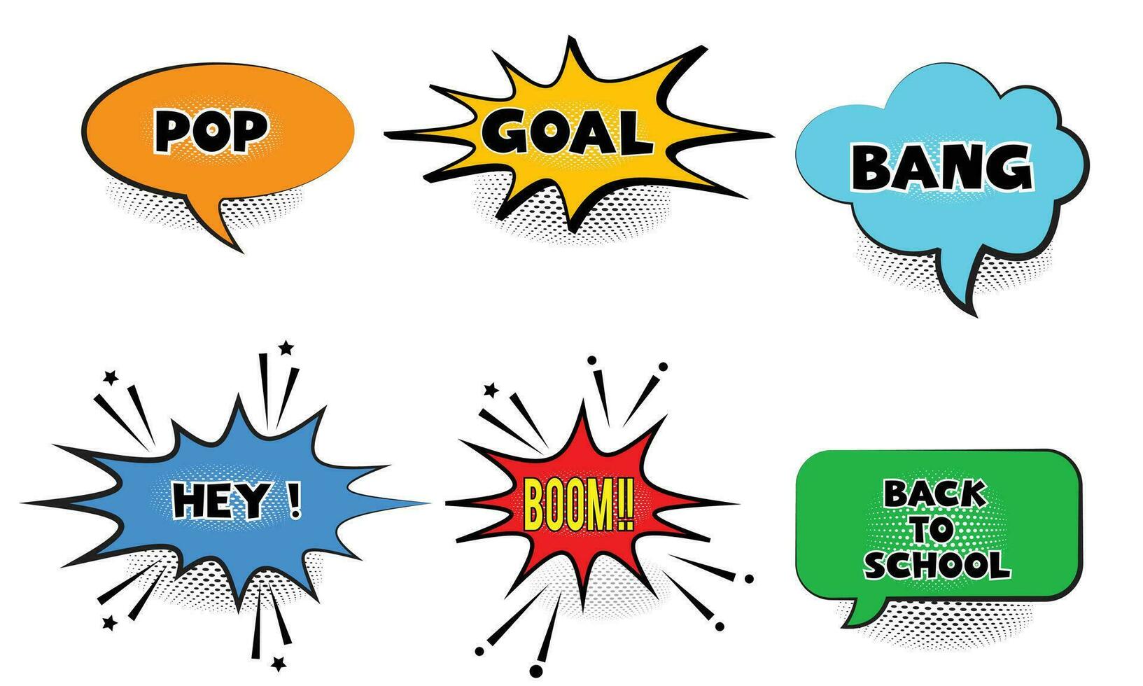 Set of speech bubbles. Set comics book balloon. Halftone shadows.  Bubble speech phrase. Cartoon exclusive font label tag expression. Comic text sound effects. Cartoon balloon word design. vector