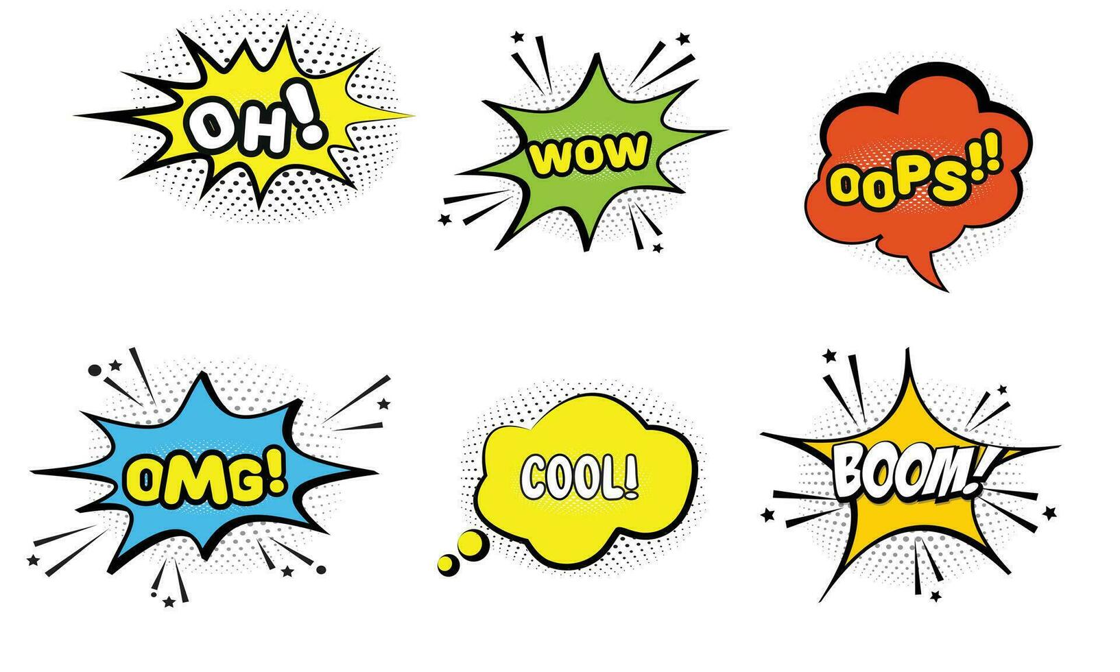 Set of speech bubbles. Set comics book balloon. Bubble speech phrase. Halftone shadows. Cartoon exclusive font label tag expression. Comic text sound effects. Cartoon balloon word design. vector