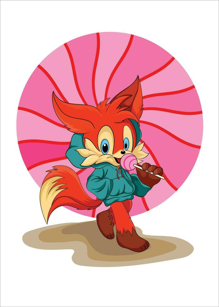 vector flat design, illustration of a fox eating a cute candy