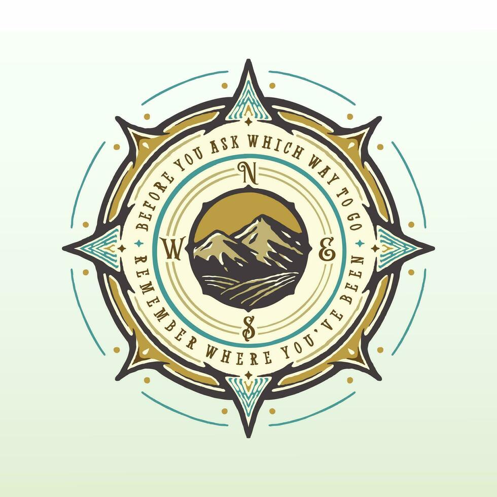 Vintage mountain adventure compass badge emblem illustration vector