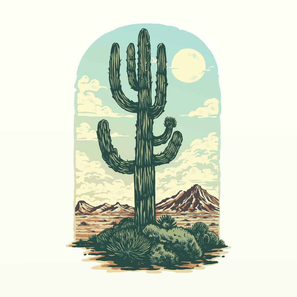 A big cactus on the wild west desert landscape with a cartoon vintage style illustration vector