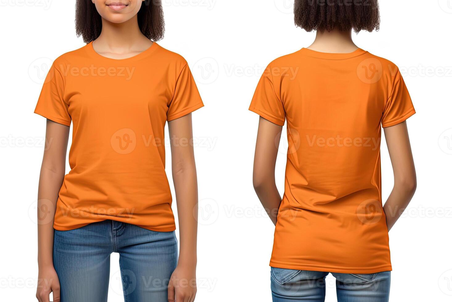 Photo realistic female orange t-shirts with copy space, front, and back view.