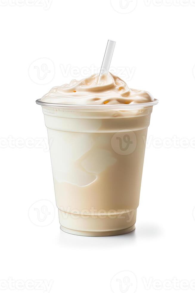 Vanilla milkshake in plastic takeaway cup isolated on white background. ai generated photo