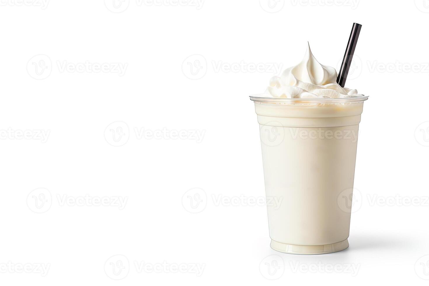 Vanilla milkshake in plastic takeaway cup isolated on white background with copy space. ai generated photo