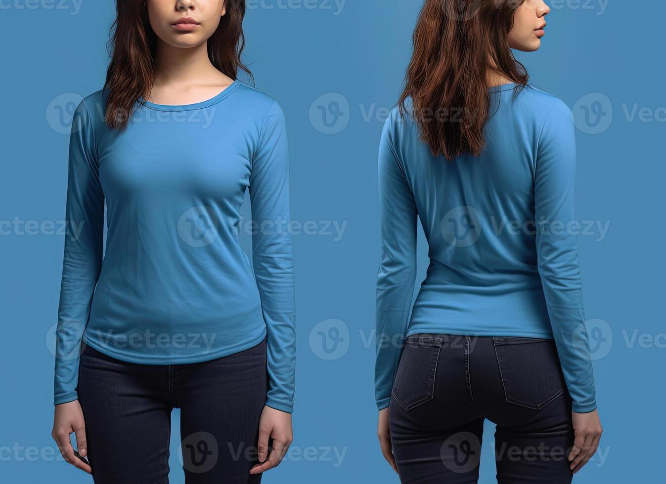 Woman wearing a blue T-shirt with long sleeves. Front and back view. photo