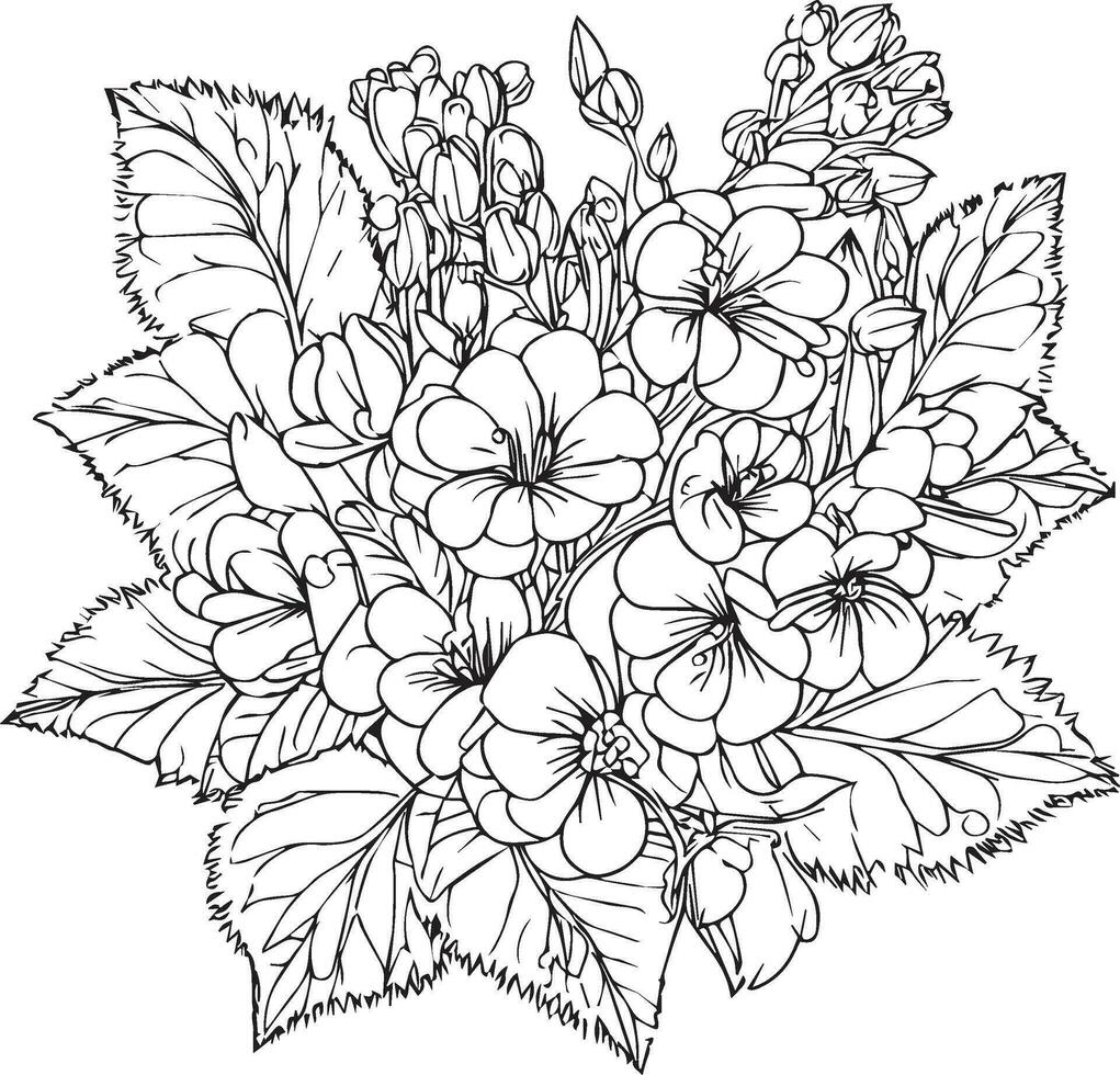 Primrose tattoo, black and white vector sketch illustration of floral ornament bouquet of Primula Francisca simplicity, Embellishment, zentangle design element for card printing coloring pages,