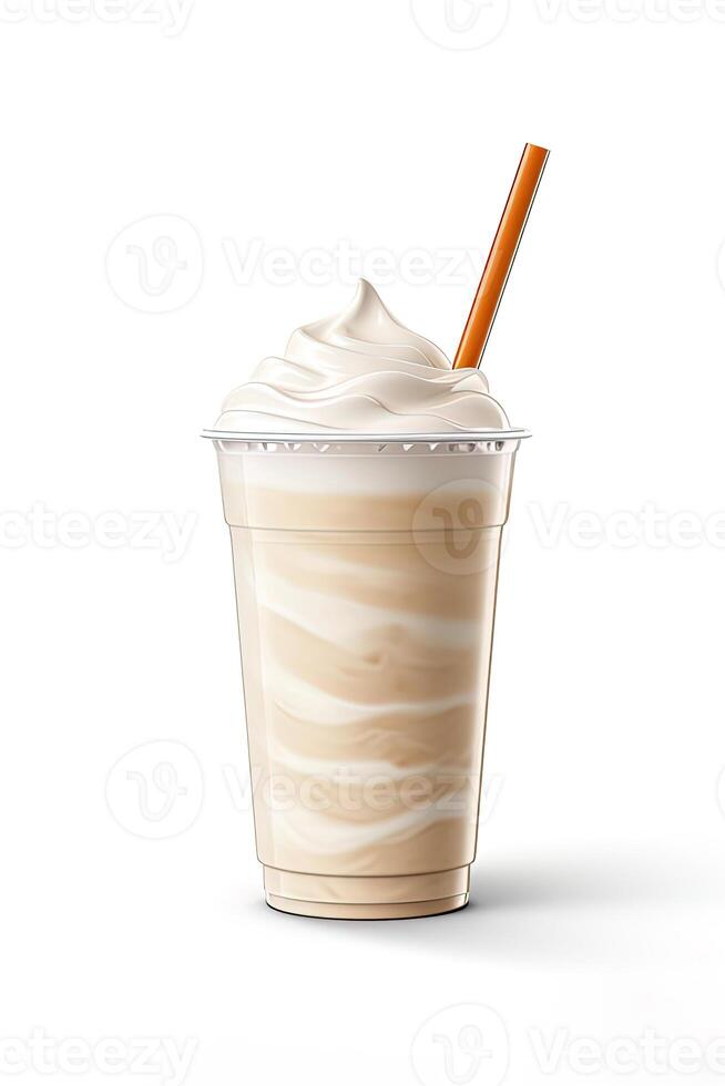 Vanilla milkshake in plastic takeaway cup isolated on white background. ai generated photo