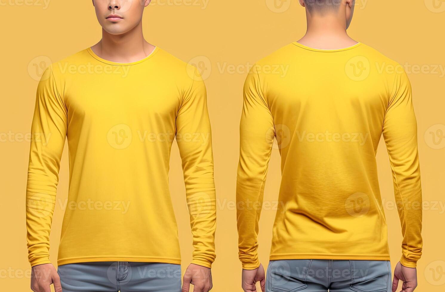 Man wearing a yellow T-shirt with long sleeves. Front and back view. photo