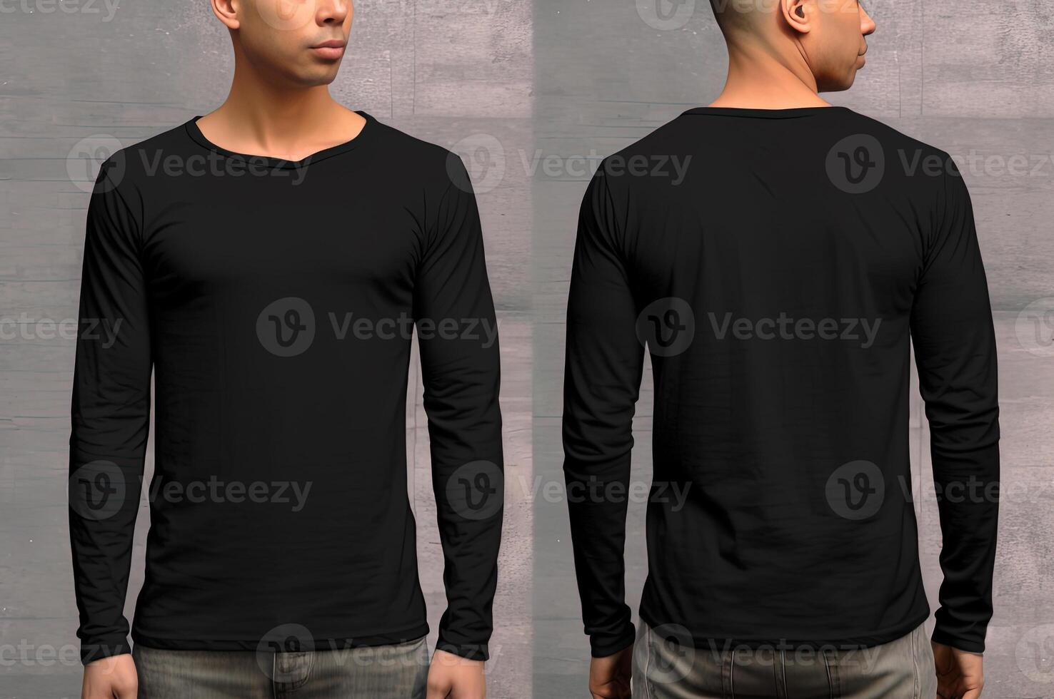 Man wearing a black T-shirt with long sleeves. Front and back view. photo
