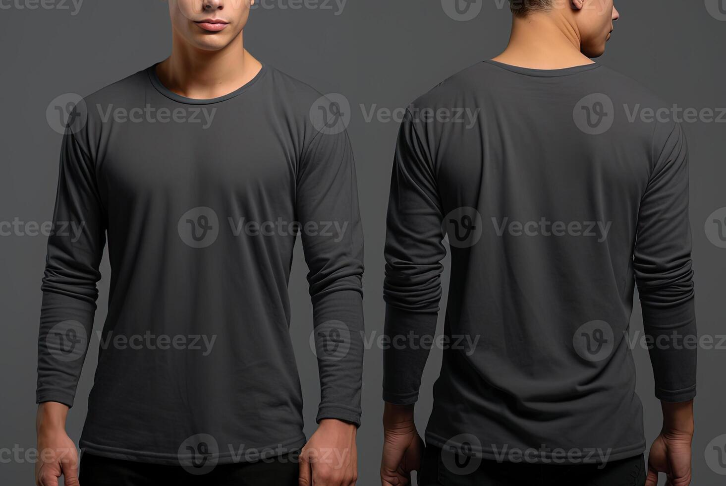 Man wearing a grey T-shirt with long sleeves. Front and back view. photo