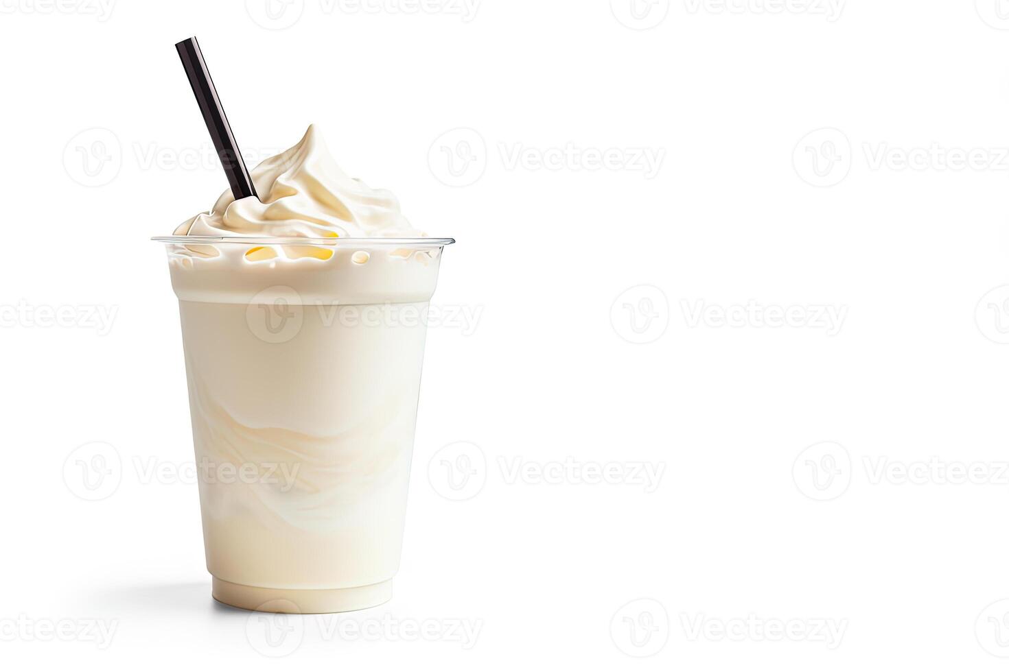 Vanilla milkshake in plastic takeaway cup isolated on white background with copy space. photo