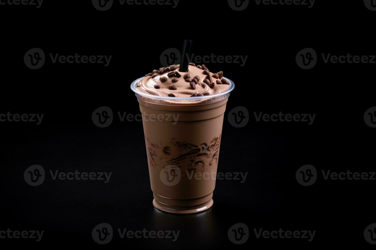Chocolate milkshake in plastic takeaway cup isolated on black background. ai generated photo