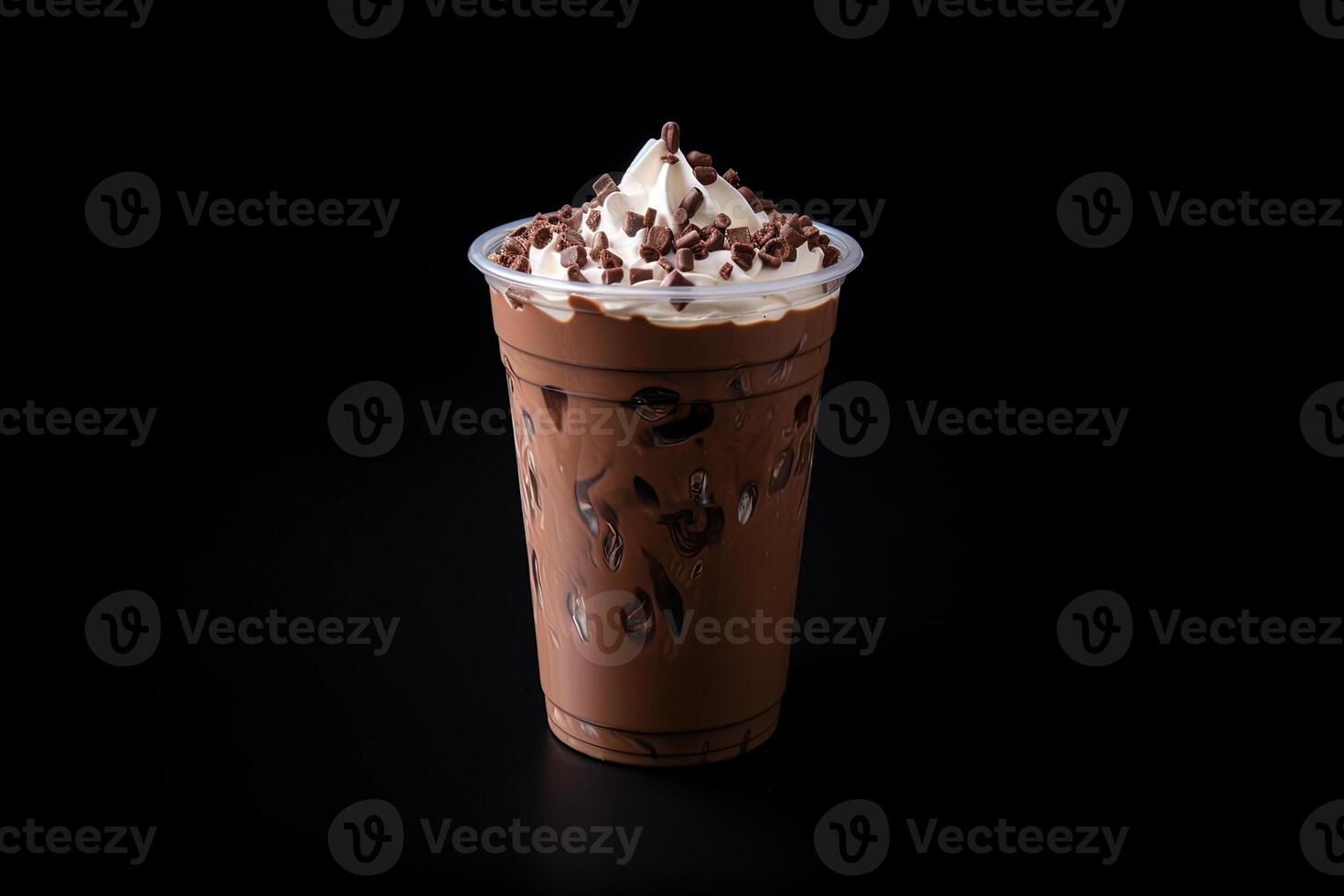 Chocolate milkshake in plastic takeaway cup isolated on black background. ai generated photo