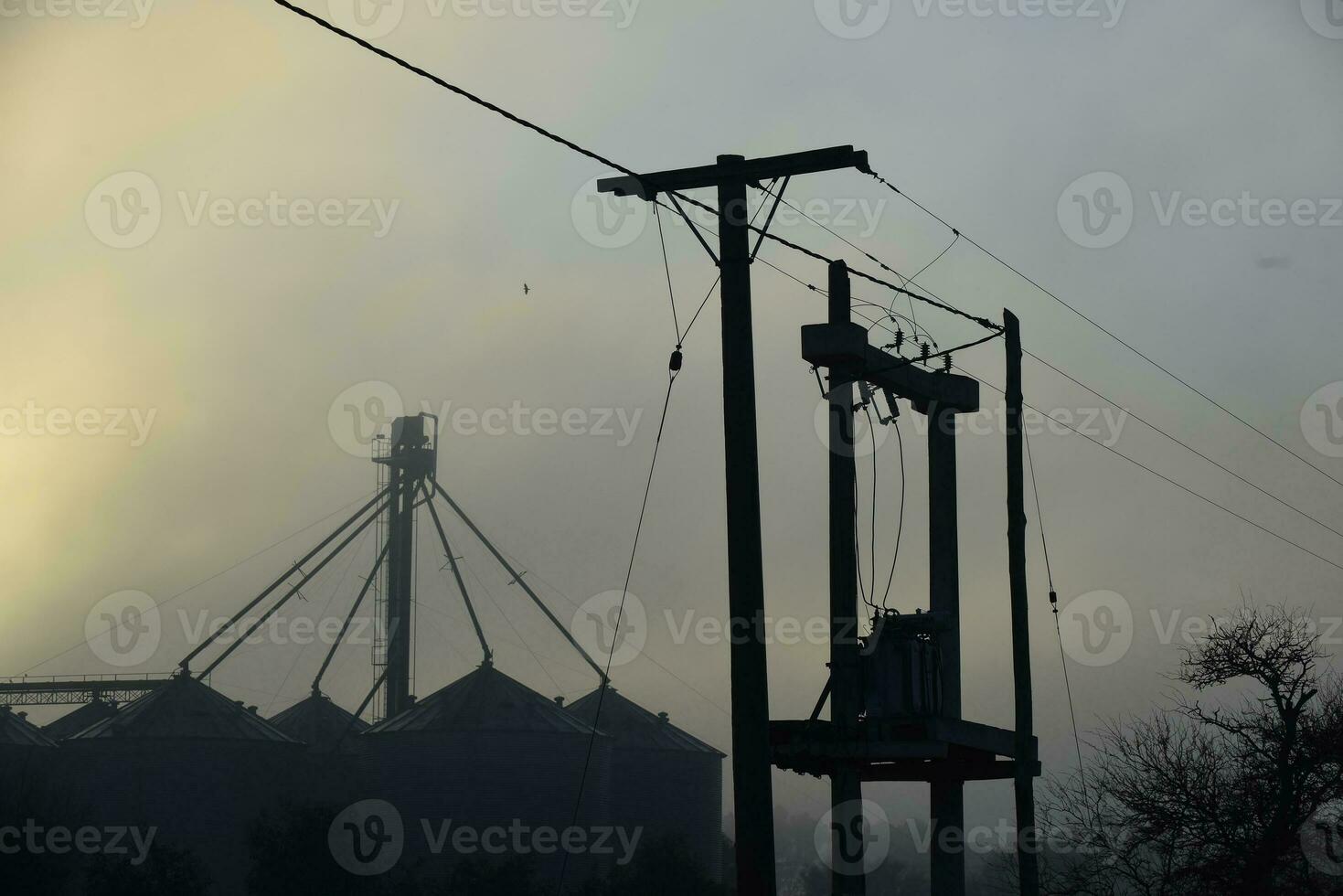 Grain storage steel silos and electric line, Buenos Aires Province, Patagonia, Argentina photo