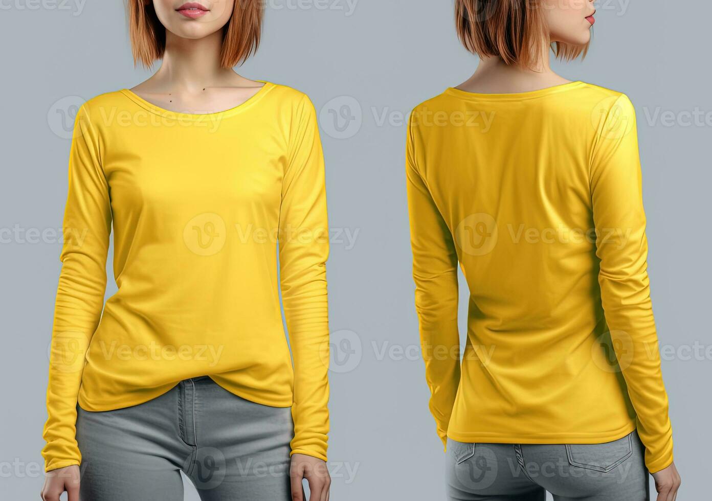 Woman wearing a yellow T-shirt with long sleeves. Front and back view. ai generated photo