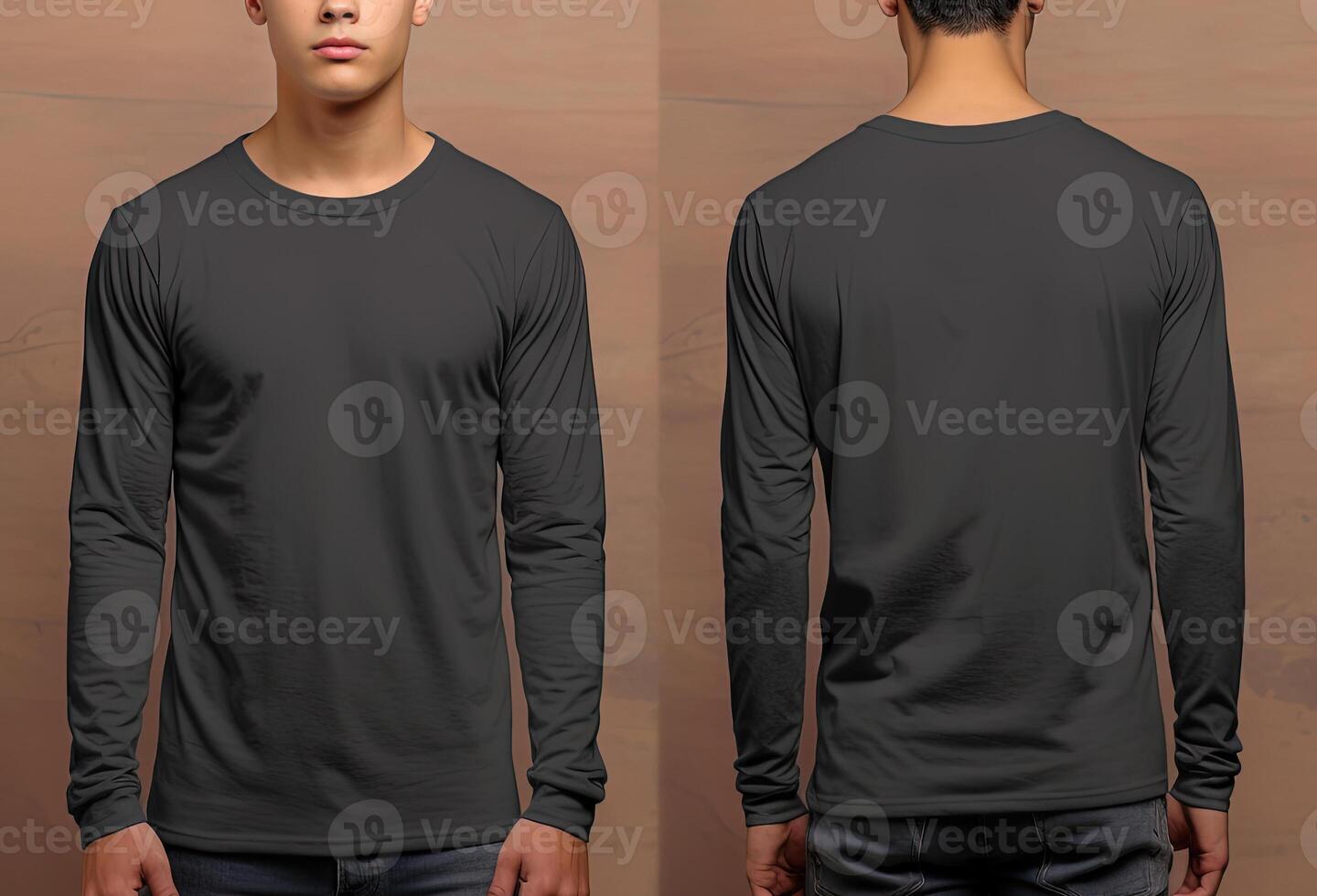 Man wearing a grey T-shirt with long sleeves. Front and back view. photo