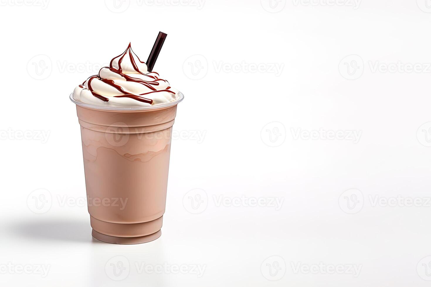 Chocolate milkshake in plastic takeaway cup isolated on white background with copy space. photo