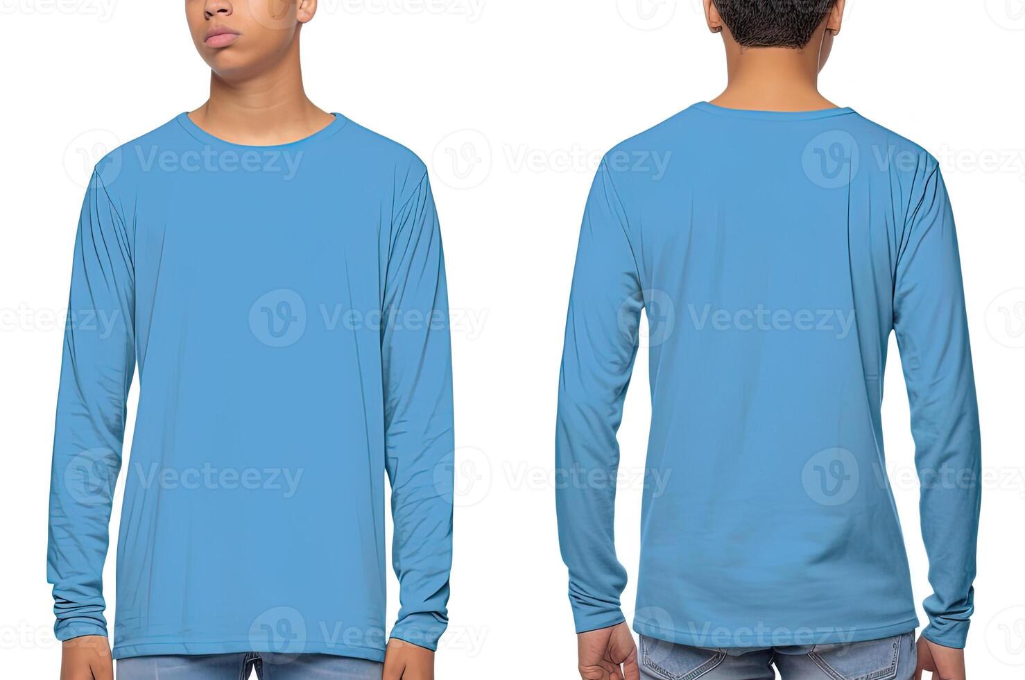 Man wearing a blue T-shirt with long sleeves. Front and back view. photo