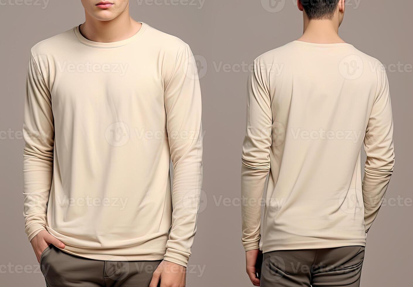 Man wearing a beige T-shirt with long sleeves. Front and back view. photo