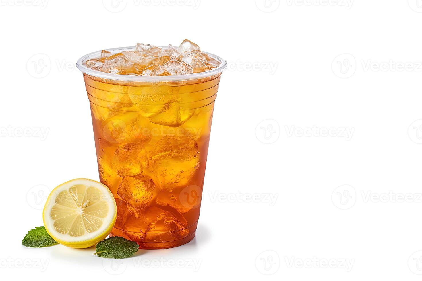 Iced lemon tea on plastic take-away glass isolated on white background with copy space. photo